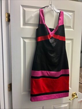 Signature by Sangria Black, Pink & Red Colorblock Satin Midi Dress